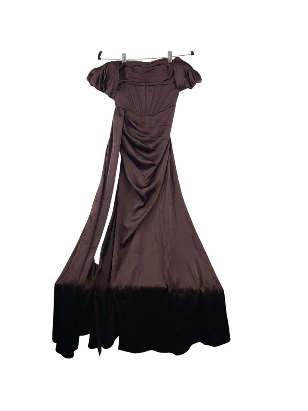 Azazie Amyra Elegant Brown Satin Gown With Draped Details & Short Sleeves Sz A0